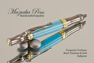 Handmade Sceptre Ballpoint Pen, Turquoise and Gold TruStone Ballpoint Pen, Black Titanium / Gold Finish - Looking from top of Ballpoint Pen