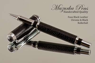 Handmade rollerball pen made from Faux Leather with Chrome / Black finish.  Handcrafted pen.  Main view of pen  - Stock Picture
