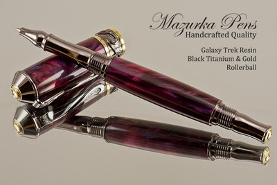 Handmade Rollerball Pen handcrafted from Galaxy Trek Resin with Black Titanium and Gold finish.  Main view of pen and cap.