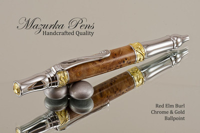 Handmade Ballpoint Pen, Red Elm Burl, Chrome and Gold Finish - Looking from Front of Ballpoint Pen