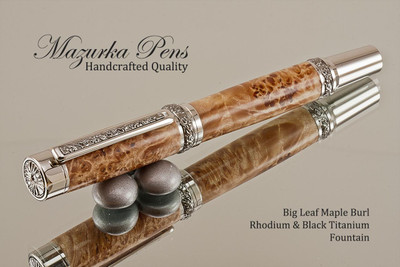 Handcrafted wood Fountain pen made from Big Leaf Maple Burl with Rhodium/Black Titanium finish.  Top view of pen and cap.