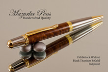 Handmade Ballpoint Pen, Fiddleback Walnut Black Titanium and Gold Finish - Main view of Ballpoint Pen