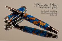 Handmade Rollerball Pen made from Blue Resin / Wood Chips with Black Titanium and Black finish.  Main view of pen and cap.