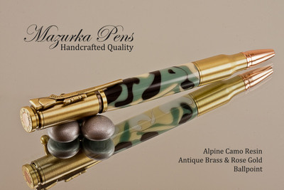 Handcrafted Bolt Action Ballpoint Pen, .30 Caliber Bolt Action Bullet Pen, Alpine Camo Chrome Finish - Looking from Tip of Pen