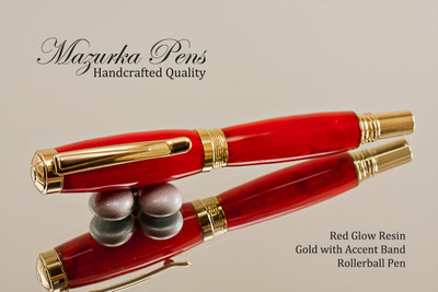 Handmade acrylic pen made from Red Glow resin.  Handcrafted Rollerball Pen - made in our shop, no two alike. 