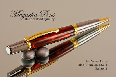 Handmade Ballpoint Pen handcrafted from Red Velvet Poly-Resin with Black Titanium/Gold finish.  Back view of pen.