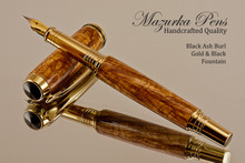 Handmade Fountain pen made from Black Ash Burl with Gold / Black finish.   Cap view of pen 