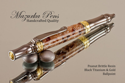 Handmade Ballpoint Pen, Peanut Brittle Resin, Black Titanium and Gold Finish - Looking from Front of Ballpoint Pen