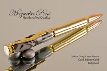 Handcrafted Bullet Cartridge Ballpoint Pen, .30 Caliber Replica Bullet Pen, Urban Gray Camo Resin with Gold / Brass color Finish 