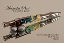 Handmade Ballpoint Pen, Blue / Green Dyed Boxelder, Black Titanium Finish