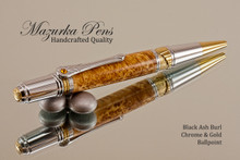 Handmade Ballpoint Pen, Black Ash Burl Ballpoint Pen, Gold and Chrome Finish 