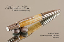 Handcrafted pen made from Boxelder Burl with Black Titanium / Platinum finish.  