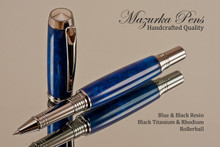 Handmade Rollerball Pen from Blue/Black Resin Black Titanium/Rhodium finish.  