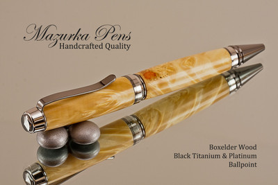 Handcrafted Ballpoint pen made from Boxelder Burl with Black Titanium / Platinum finish.  