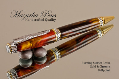 Handmade Ballpoint Pen handcrafted from Burning Sunset Resin with Chrome/Gold finish.  
