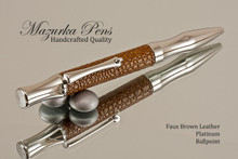Handmade pen made from Brown Faux Leather with Platinum finish.  Handcrafted pen.  Main view of pen 