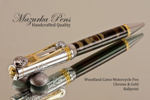 Handmade Motorcycle Ballpoint Pen, Woodland Camo Resin with Chrome and Gold Finish 