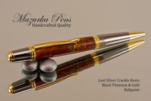 Handmade Ballpoint Pen handcrafted from Lost Silver Crackle Poly-Resin with Black Titanium/Gold finish.  