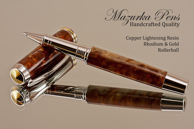 Handmade rollerball pen made from Copper Lightening Resin with Rhodium / Gold.  Handcrafted pen by our artist.  