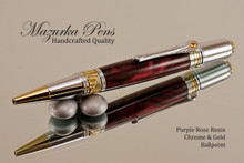 Handmade Ballpoint Pen, Purple Rose Resin with Chrome and Gold Finish 