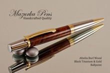 Handmade Ballpoint Pen, Afzelia Burl with Black Titanium and Gold Finish 