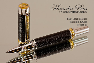 Handmade Rollerball pen made from Black Faux Leather with Rhodium / Gold finish. 