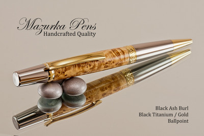 Handcrafted Ballpoint Pen, Black Ash Burl, Black Titanium and Gold Finish 