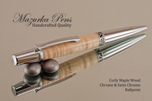 Handmade Ballpoint Pen, Curly Maple Wood, Satin Chrome & Chrome Finish 