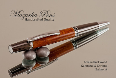 Handmade Ballpoint Pen, Afzelia Burl with Gun Metal and Chrome Finish