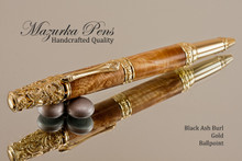 Handmade Ballpoint Pen, Black Ash Burl Ballpoint Pen, Gold Finish 