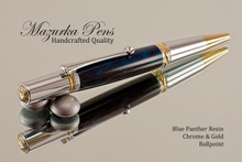 Handmade Ballpoint Pen, Blue Panther Resin Pen, Chrome and Gold Finish 