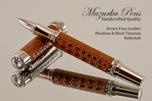 Handmade Rollerball pen made from Brown Faux Leather with Rhodium / Black Titanium finish.   Main view of pen  - Stock Picture