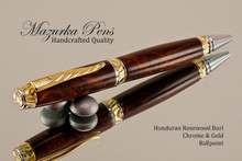 Handmade pen made from Honduran Rosewood Burl with Chrome and Gold color finish.  Handcrafted pen. 