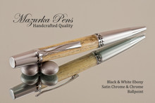 Handmade Ballpoint Pen, Black & White Ebony Wood, Satin Chrome & Chrome Finish 
