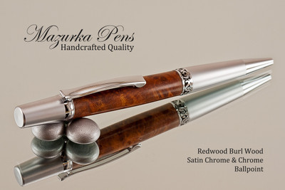 Handmade Ballpoint Pen, Redwood Burl Wood, Satin Chrome & Chrome Finish 