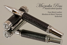 Handmade Rollerball pen made from Faux Leather with Rhodium / Black Titanium finish.   Side view of pen - Stock Picture