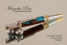 Handcrafted ballpoint pen made from Aqua Resin and Ironwood with Chrome / Gold finish.  