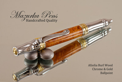 Handmade Ballpoint Pen, Afzelia Burl Ballpoint Pen, Gold and Chrome Finish 