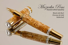 Handcrafted wooden rollerball pen made from Black Ash Burl with Gold / Chrome finish.  Main view of pen and cap.