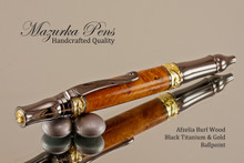 Handmade Ballpoint Pen, Afzelia Burl Ballpoint Pen, Gold and Black Titanium Finish 