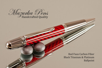 Handmade Ballpoint Pen, Red Carbon Fiber Resin Pen, Black Titanium and Platinum Finish 