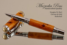 Douglas Fir Burl Rollerball Pen with Chrome / Gold  trim.  Main view of the pen.