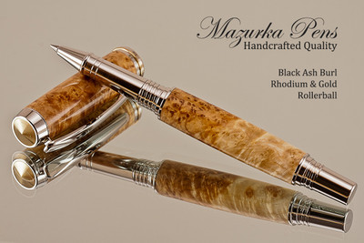 Handmade Rollerball Pen handcrafted from Black Ash Burl wood Rhodium and Gold finish. 