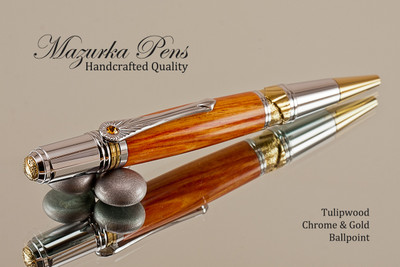 Handmade Ballpoint Pen, made from Tulipwood Pen, Chrome and Gold Finish 