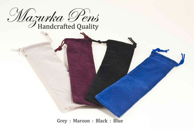 Draw string pouch holds handmade pen.  Available in Dark Gray, Maroon, Black, and Dark Blue.