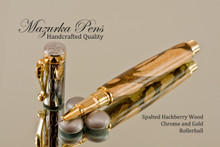Spalted Hackberry Wood Rollerball Pen with Gold and Chrome Finish
