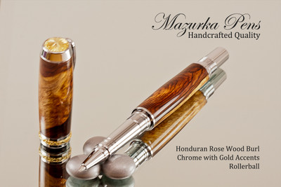 Handcrafted wood pen made from Honduran Rosewood Burl with Chrome and Gold finish.  