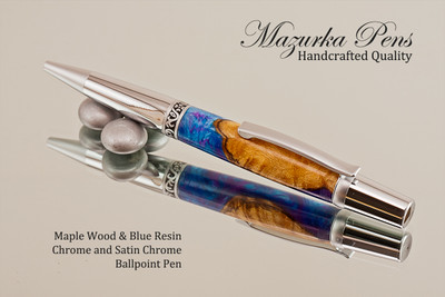 Handmade Ballpoint Pen, Maple Wood and Blue Resin, Chrome / Satin Chrome Finish 
