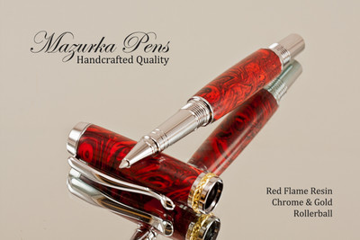 Handmade Rollerball Red Flame Resin Chrome and Gold Finish 