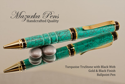 Handcrafted Ballpoint pen made from Turquoise TruStone with  Gold & Black finish.  Black Web and Three Ring accents.